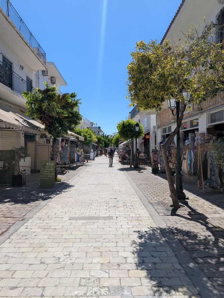 the main shopping boulevard in Skaithos town, Papadiamantis street
