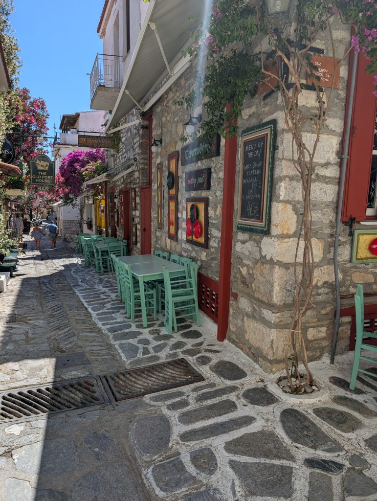 Traditional restaurant and seating in Skiathos town