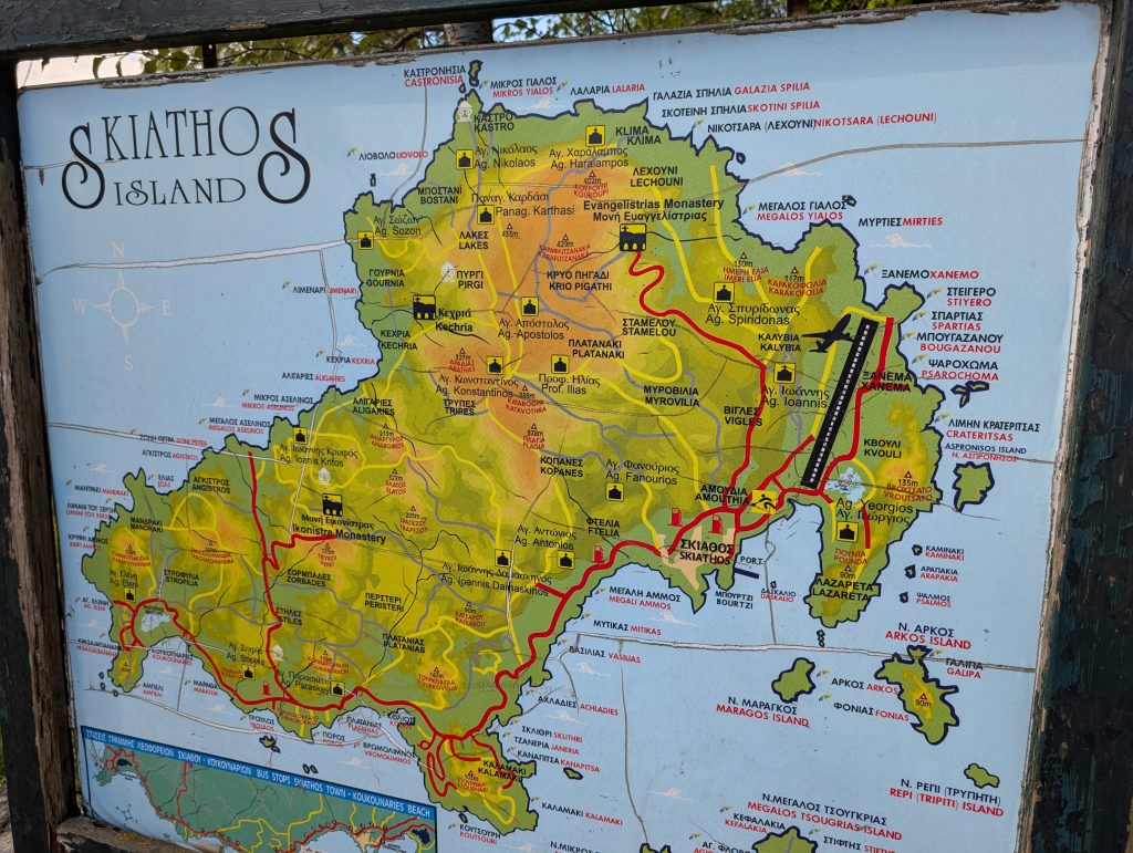 a map of Skiathos showing the bus route along the coast.